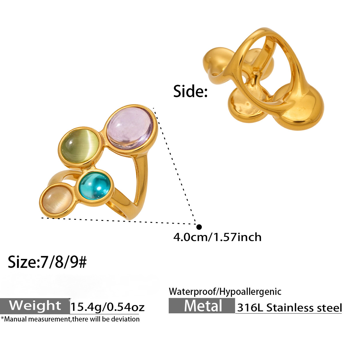 Stainless Steel Hollowed-out Cat's Eye Stone Open Ring