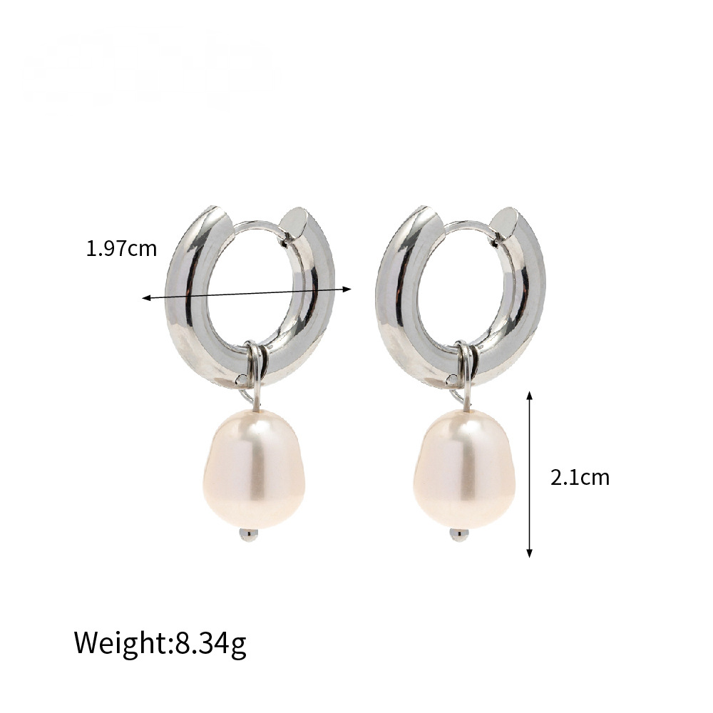 Stainless Steel Natural Freshwater Pearl Pendant Huggie Earrings