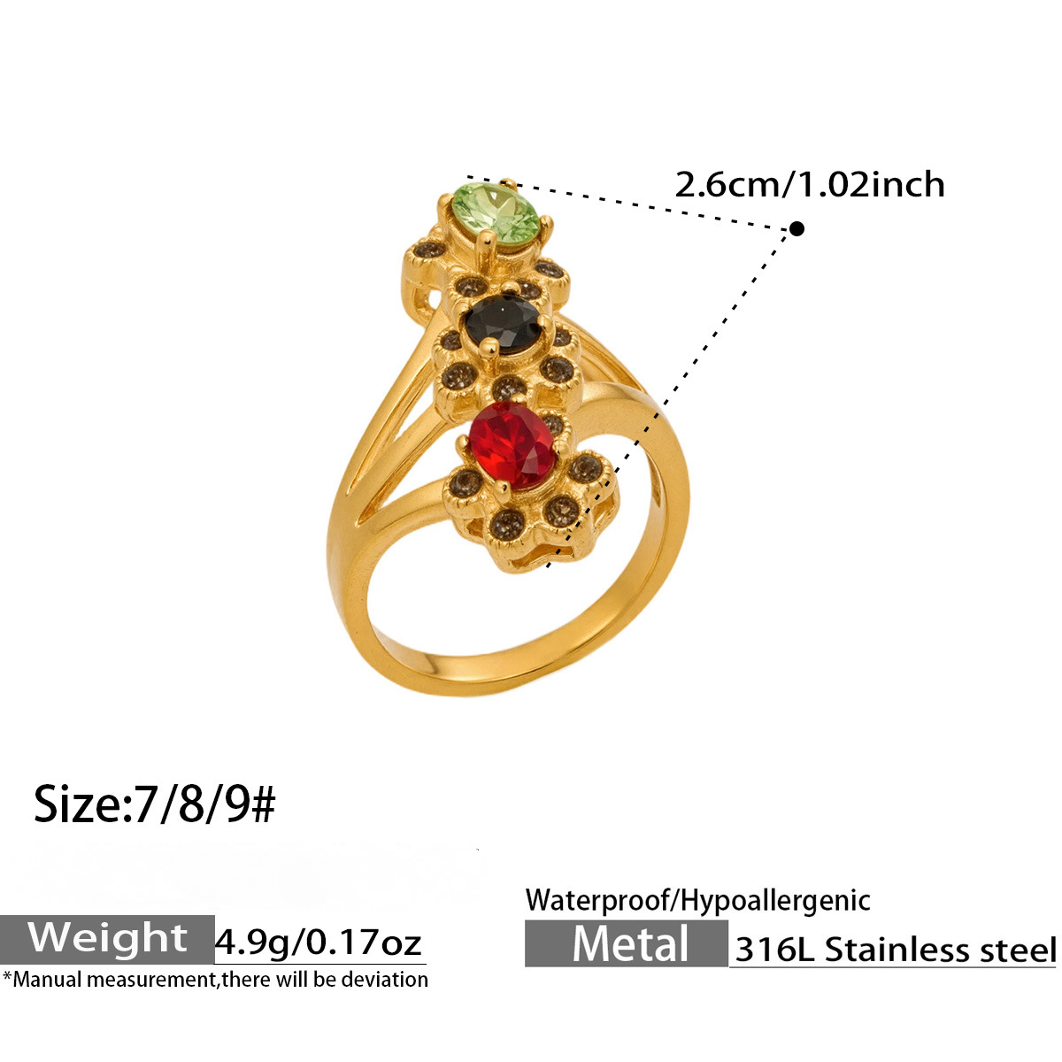 Stainless Steel Multi-colored Glass Rhinestone Ring