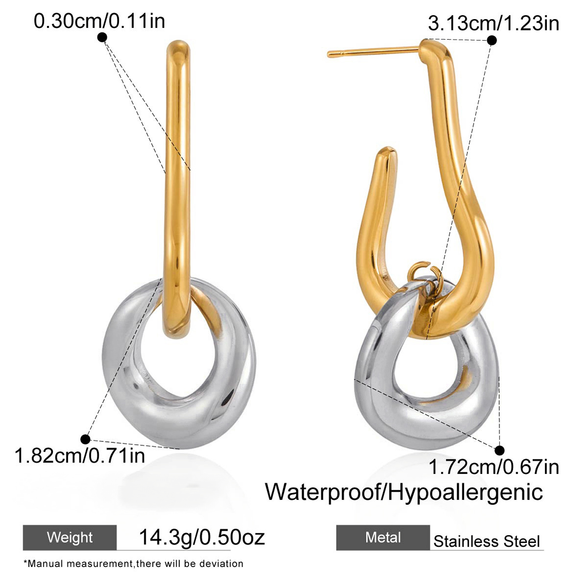 Stainless Steel Gold and Steel Two-Tone Pendant Stud Earrings