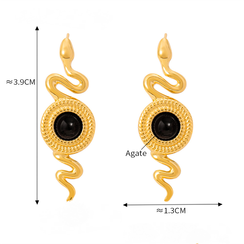 Stainless Steel Snake Inlay Natural Stone Stud Earrings