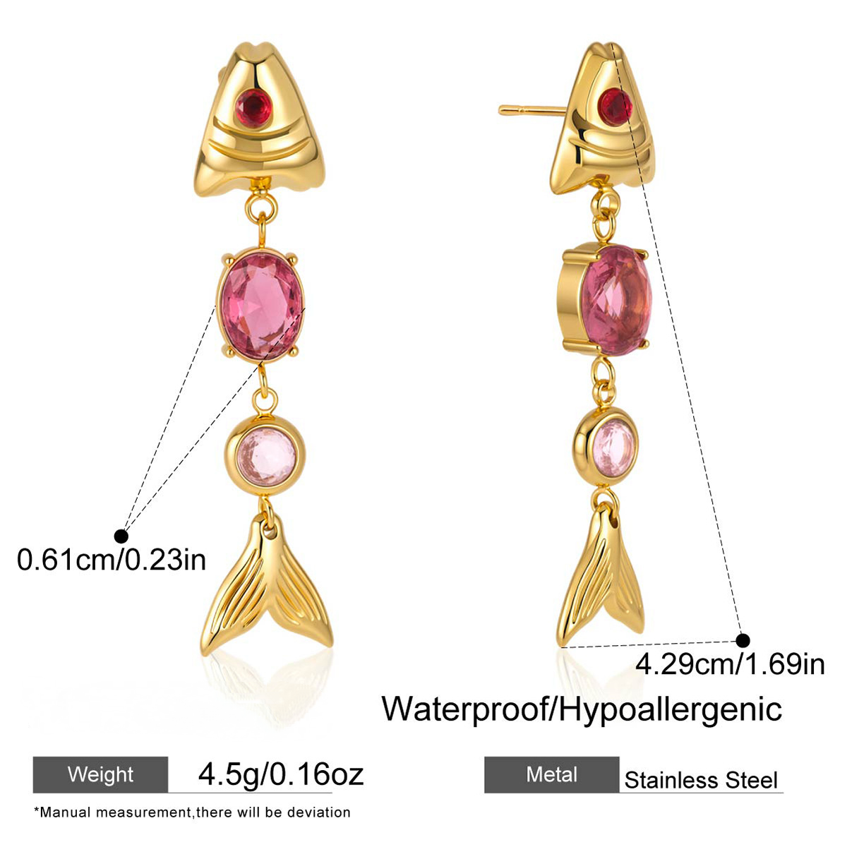 Stainless Steel Cubic Zirconia Fish Pendant Stud Earrings
