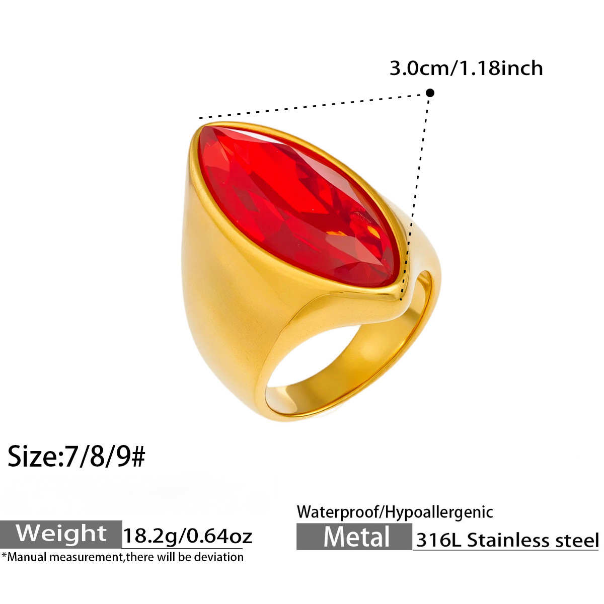 Stainless Steel Red and Green Glass Stone Ring