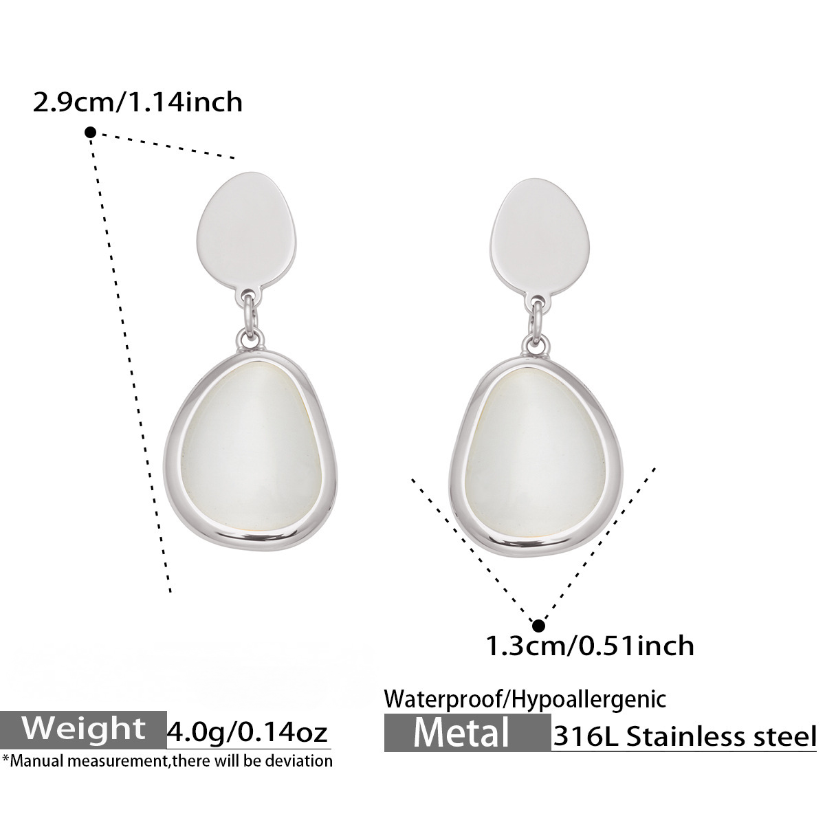 Stainless Steel Water Drop Cat's Eye Stone Necklace Earrings Bracelet Jewelry Set