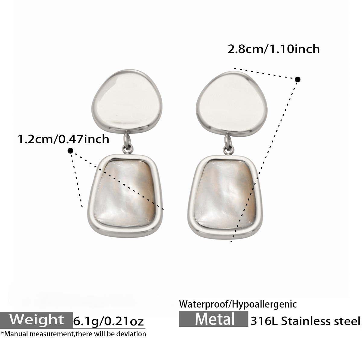 Stainless Steel White Mother of Pearl Pendant Stud Earrings