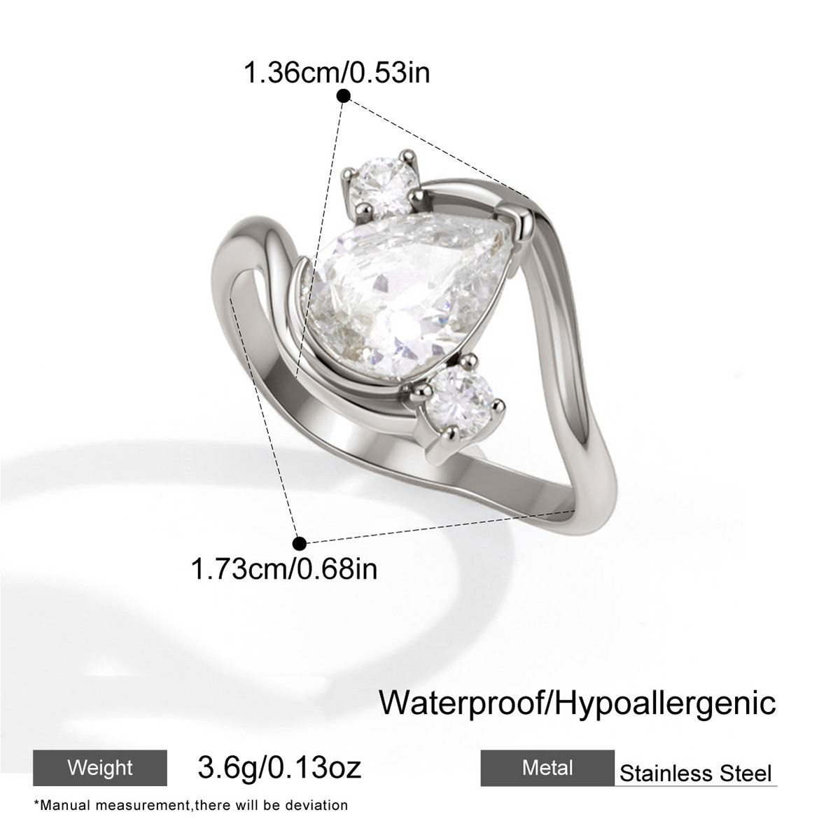 Stainless Steel Water Drop Cubic Zirconia Wave Ring