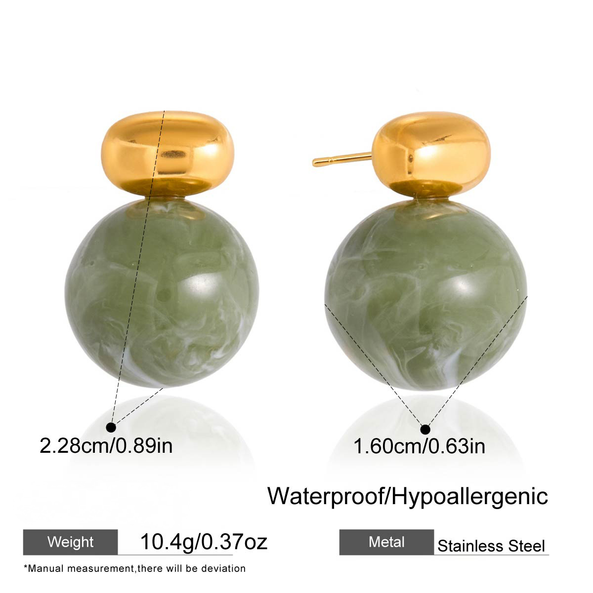 Stainless Steel Green Resin Ear Stud Earrings