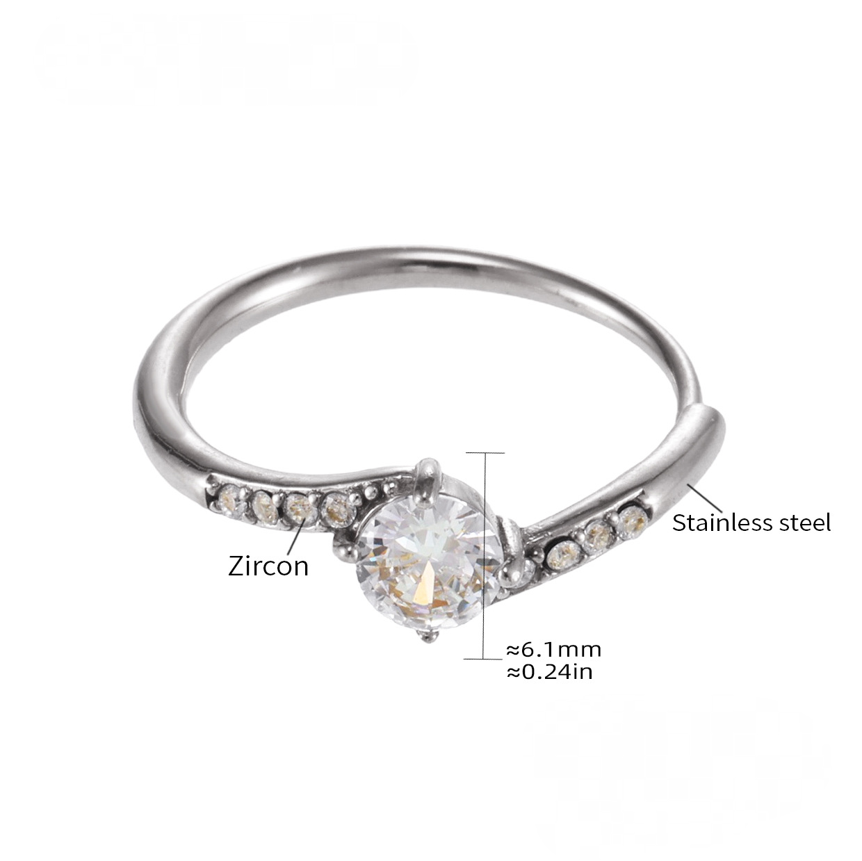 Bague ajustable en acier inoxydable avec zircone cubique ronde