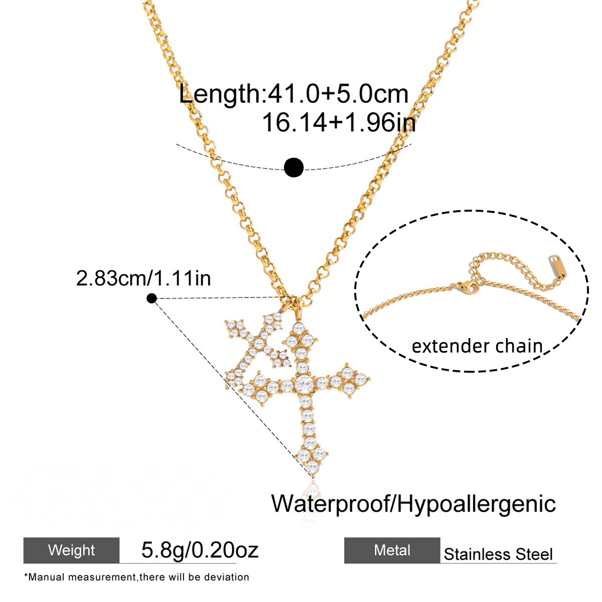 18K Gold PVD Stainless Steel Diamond-encrusted Cross Necklace