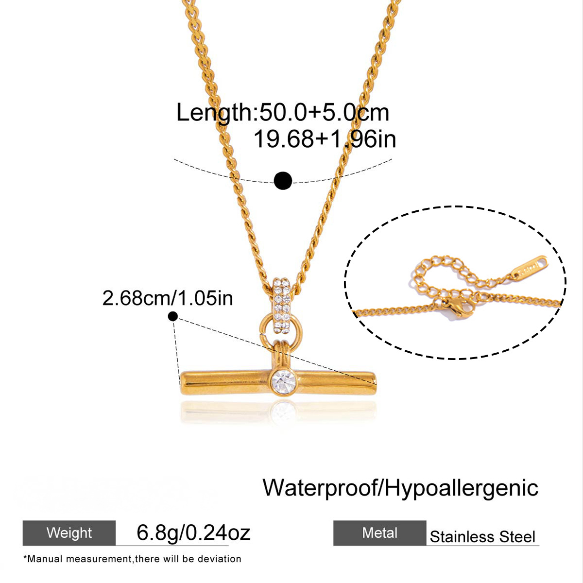Stainless Steel T-bar CZ Pendant Necklace Earrings Bracelet Jewelry Set