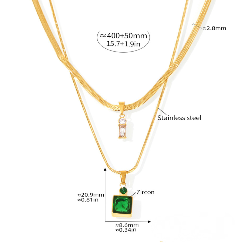 Square CZ Pendant Stainless Steel Snake Chain Necklace