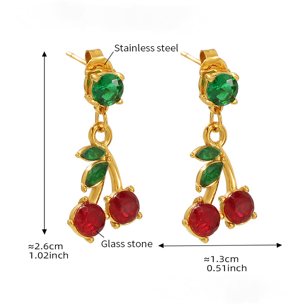 Stainless Steel Cherry Glass Stone Necklace Earrings Jewelry Suit