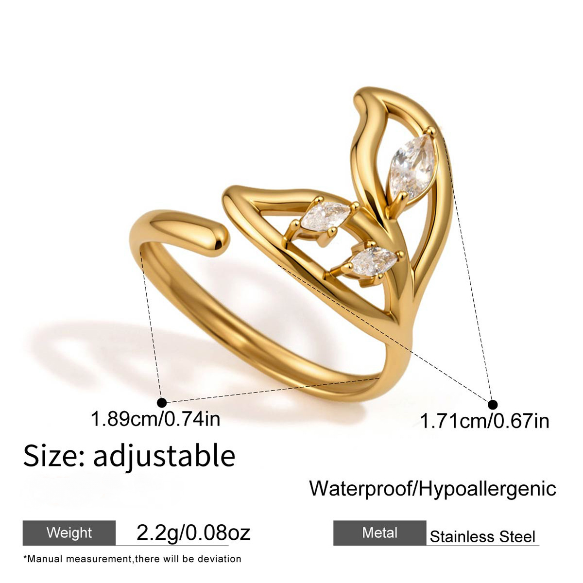 Stainless Steel White CZ Fish Tail Opening Ring