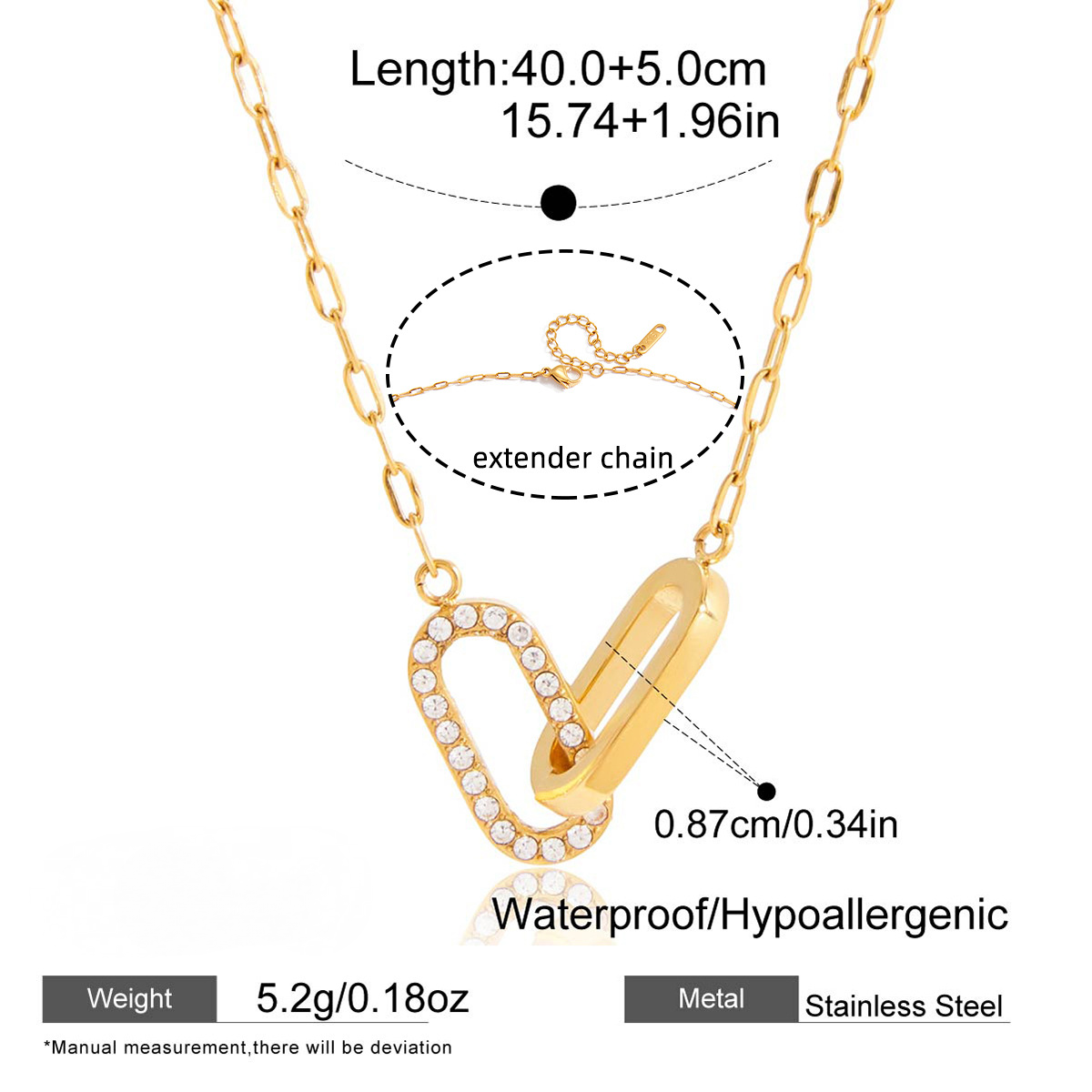 Stainless Steel Paperclip Interlocking CZ Pendant Necklace