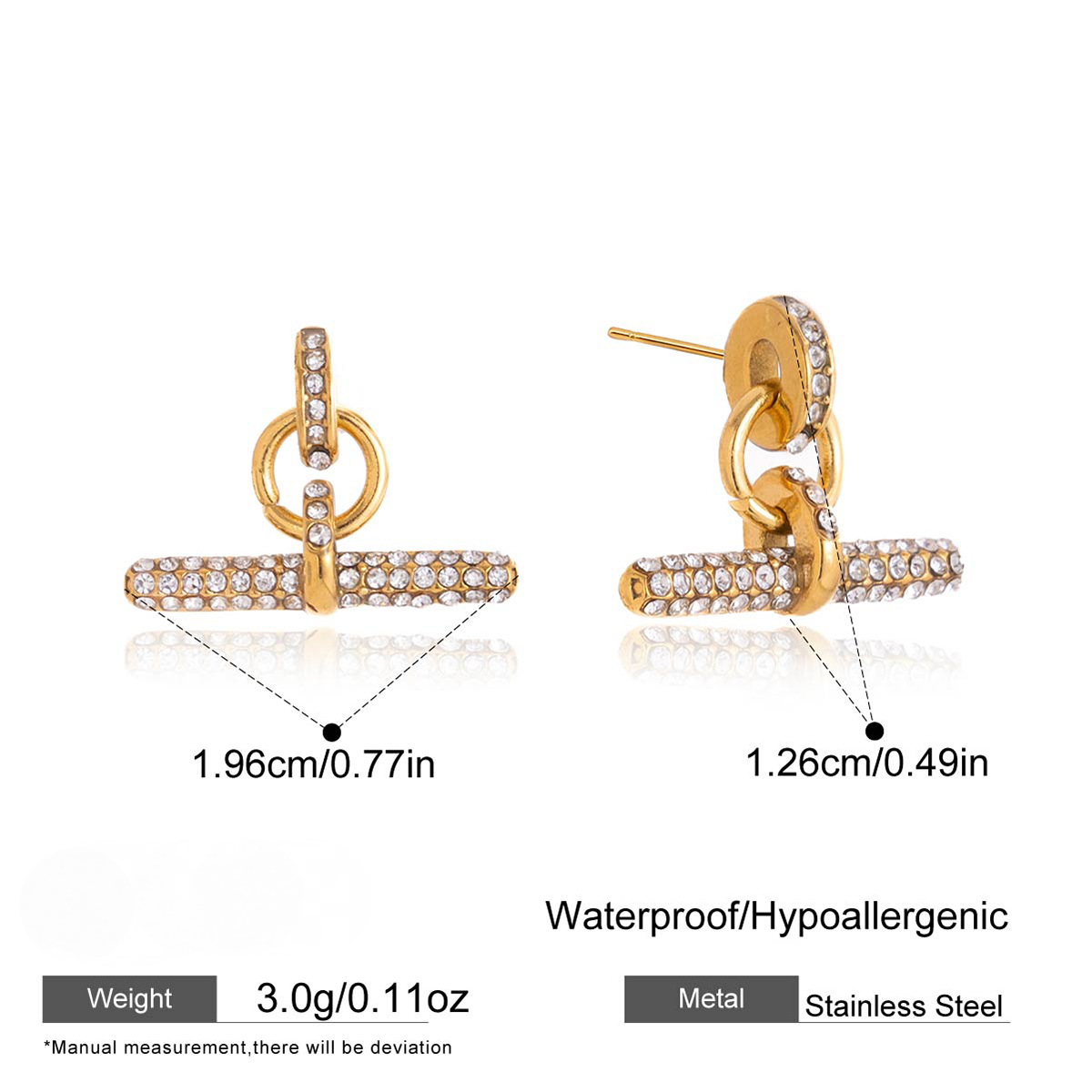 Stainless Steel Rhinestone T-bar Stud Earrings