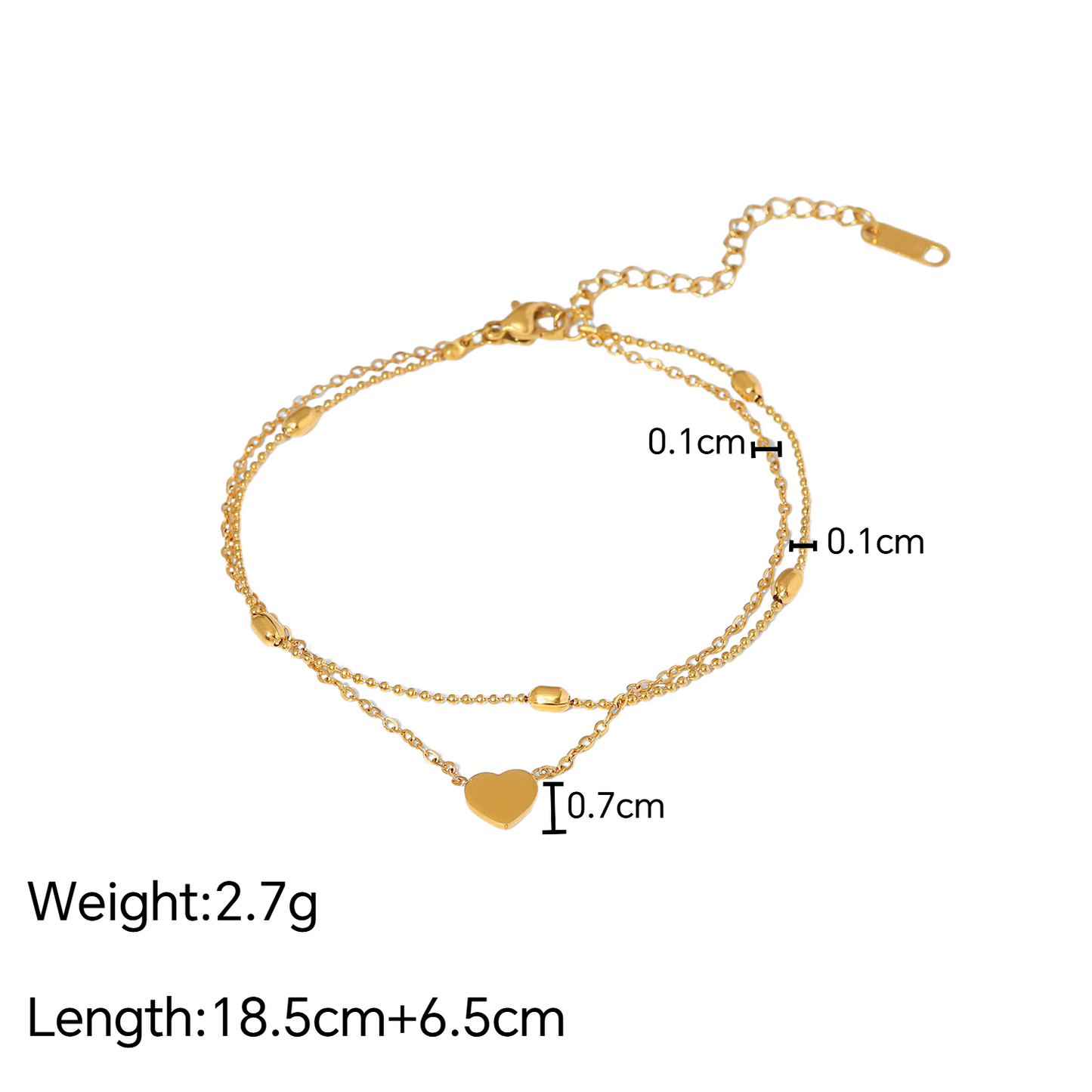 Stainless Steel Oval Bead Chain Heart-shaped Pendant Double-layer Anklet