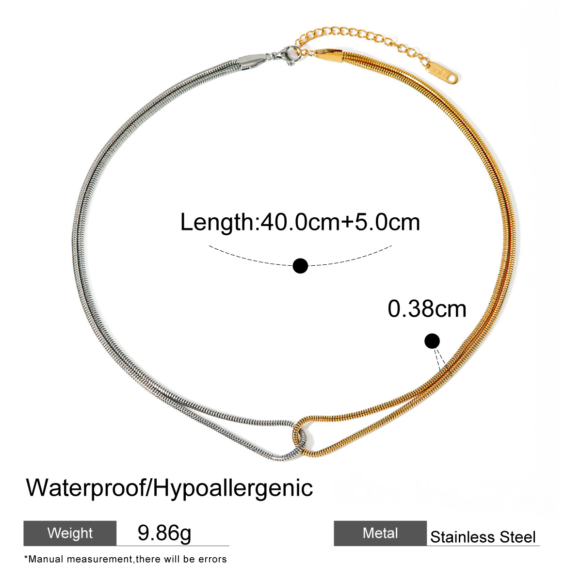 Stainless Steel Gold and Steel Two-Tone Flat Snake Chain Necklace