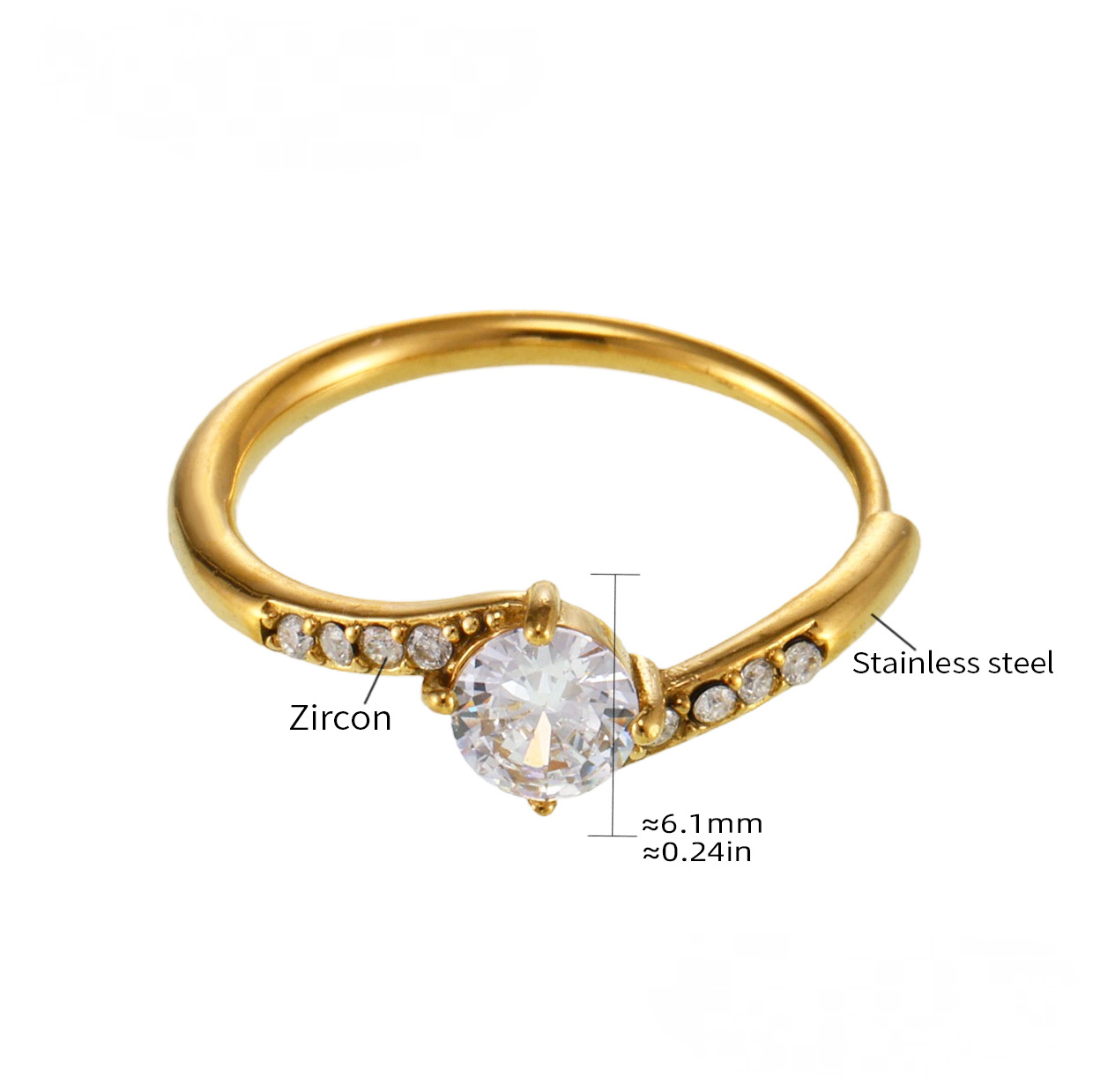 Bague ajustable en acier inoxydable avec zircone cubique ronde