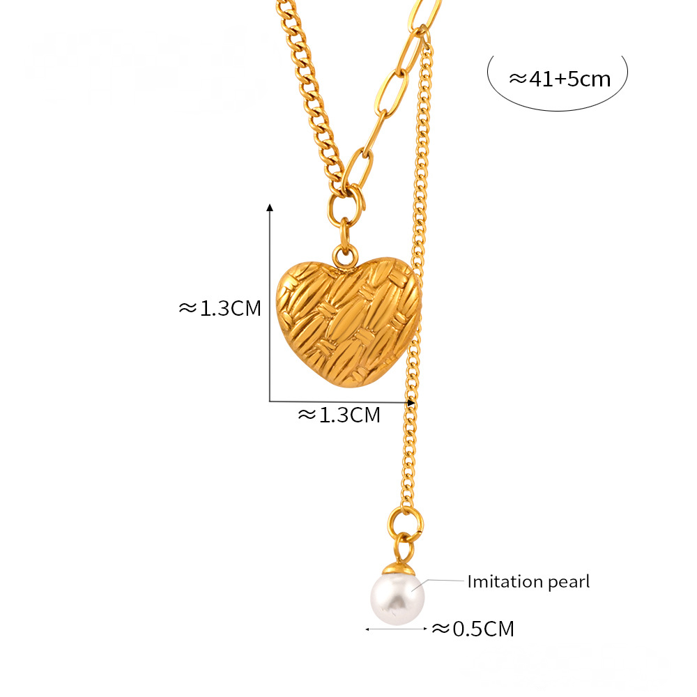 Imitation Pearl Tassel Carved Texture Heart Pendant Necklace