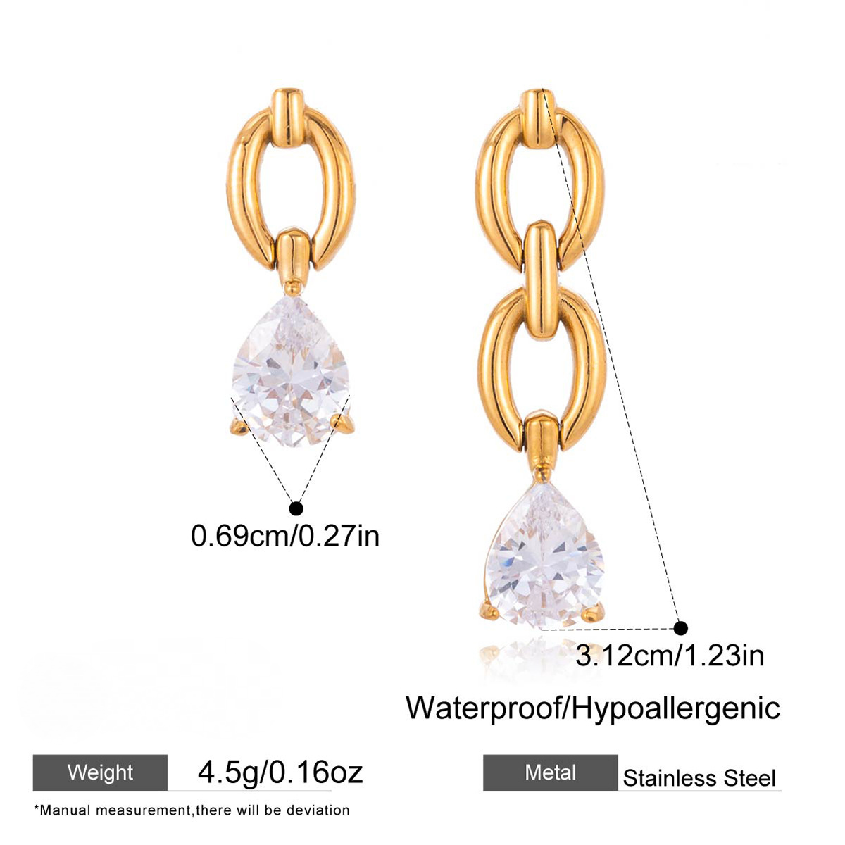 Stainless Steel White Water Drop CZ Chain Pendant Stud Earrings