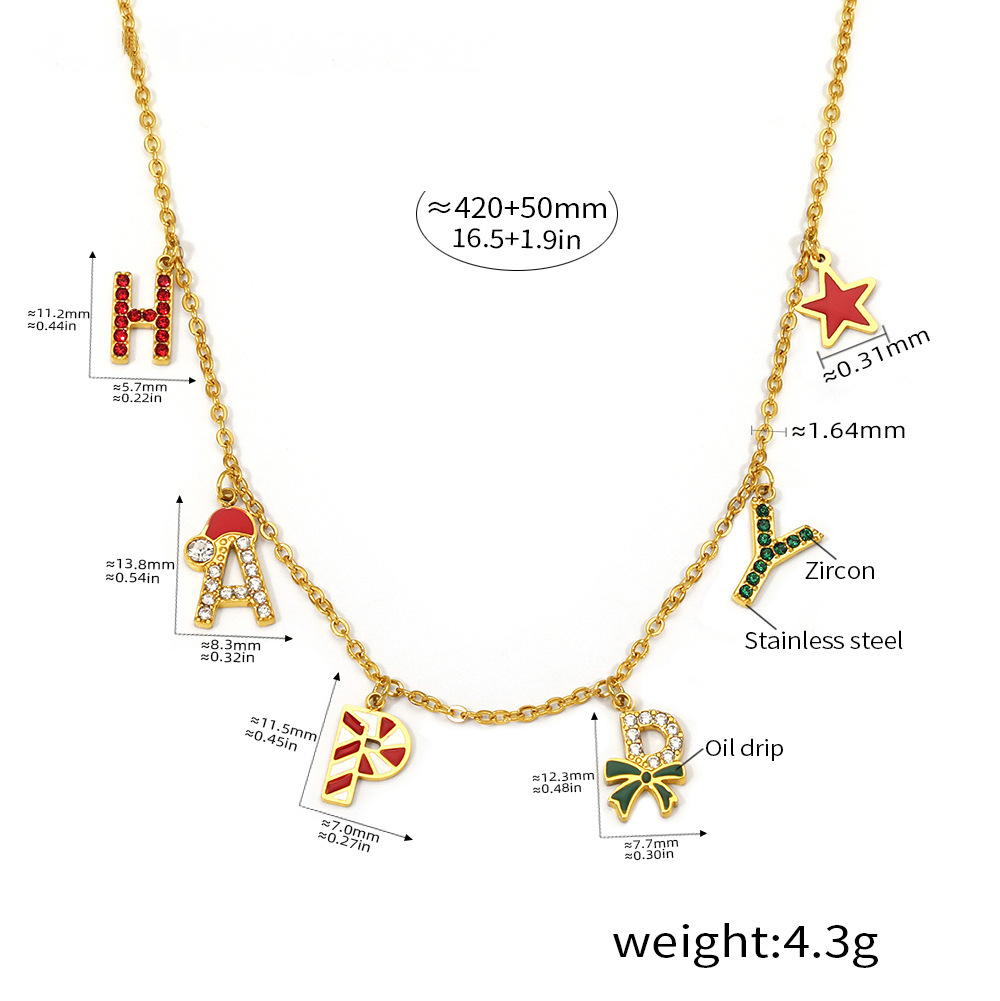 Stainless Steel Christmas Zircon HAPPY Letter Necklace Bracelet Earrings Jewelry Suit
