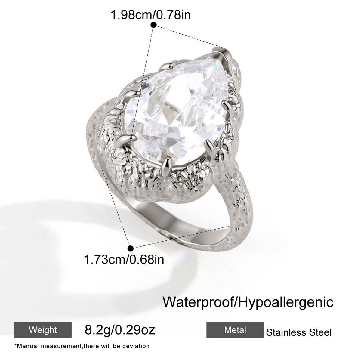 Stainless Steel Water Drop CZ Hammered Texture Ring