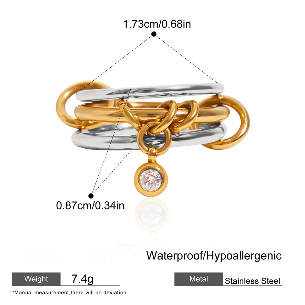 Stainless Steel Cubic Zirconia Multi-layer Stacking Ring