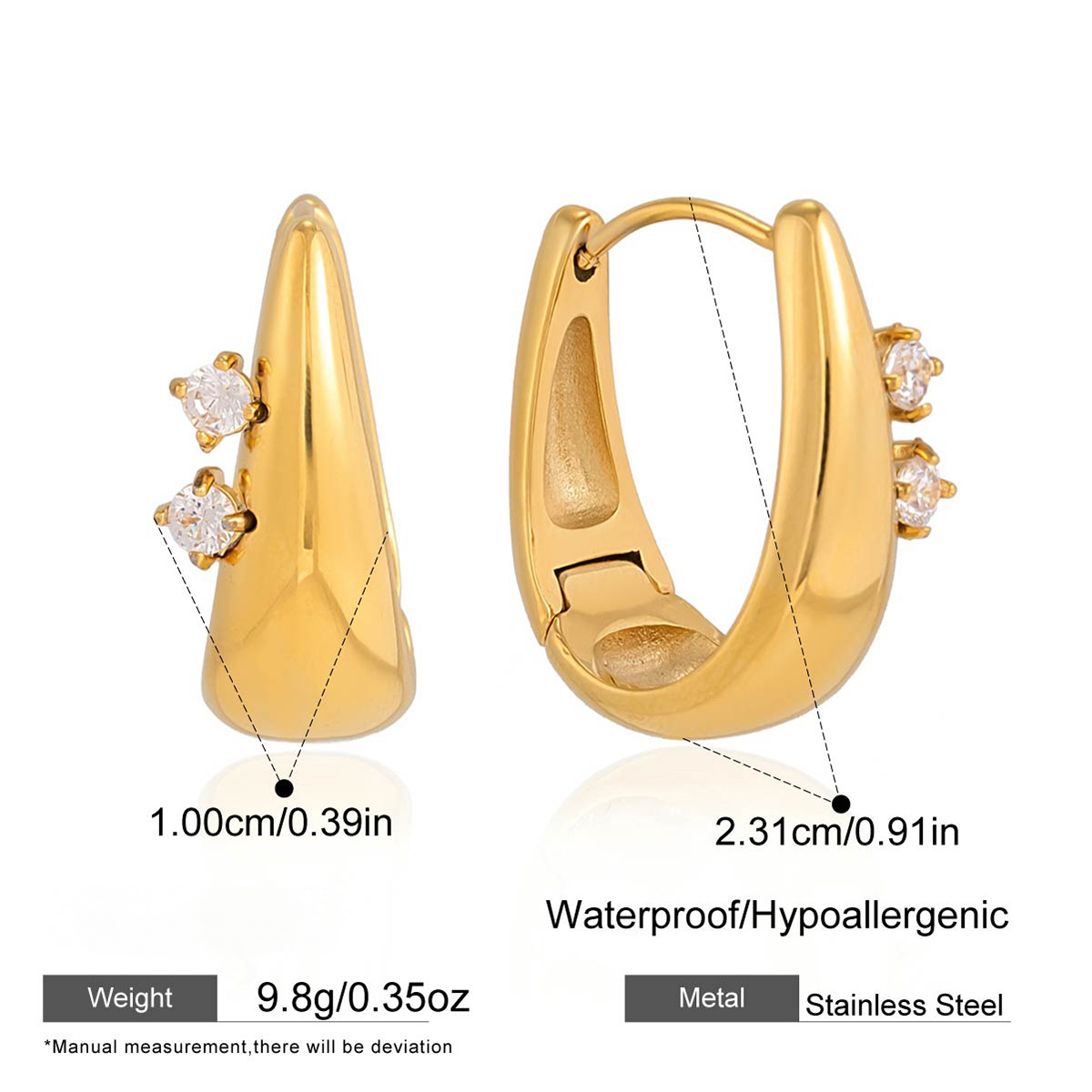 Stainless Steel White Round CZ U-shaped Hoop Earrings