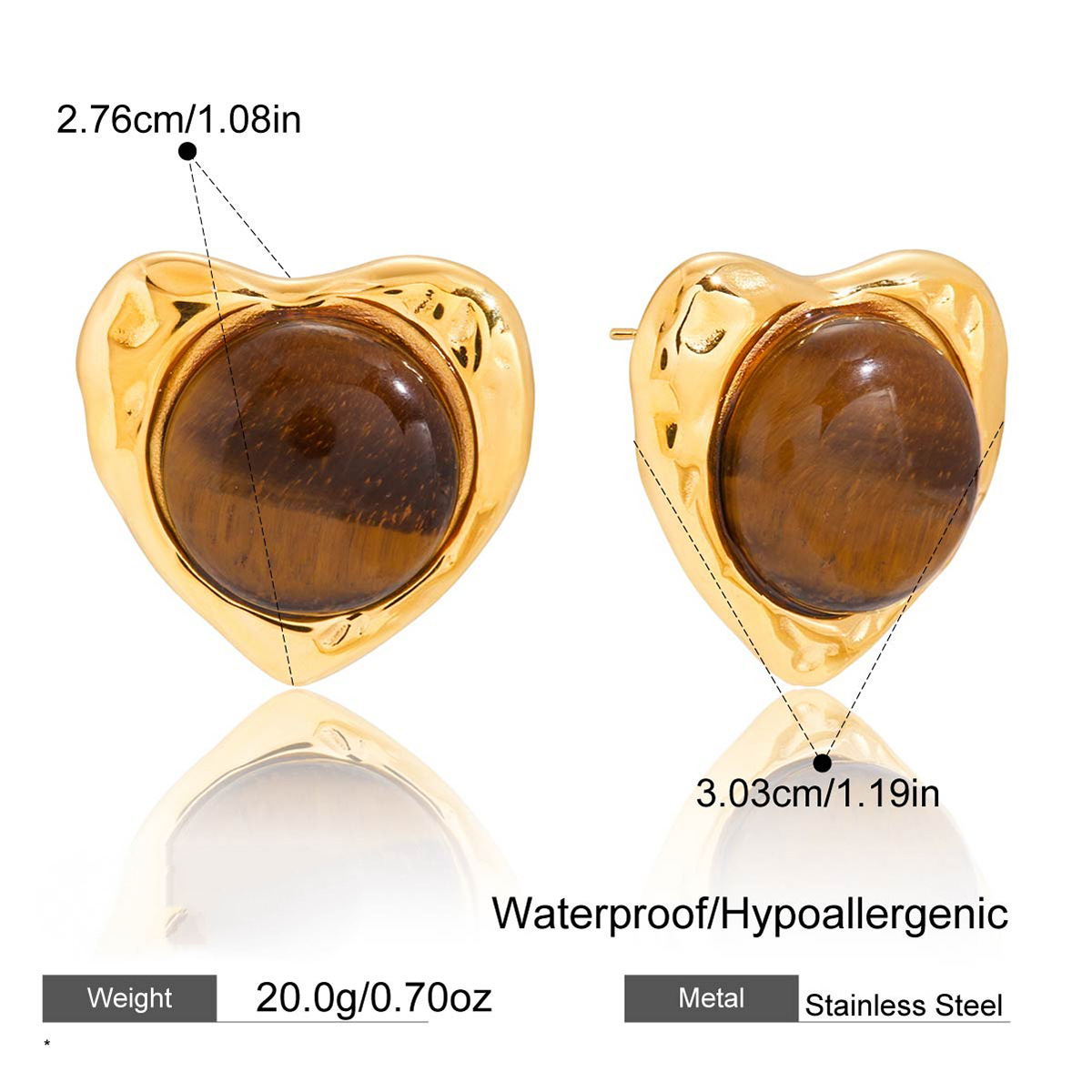 Stainless Steel Tiger Eye Stone Heart-shaped Necklace Earrings Jewelry Set