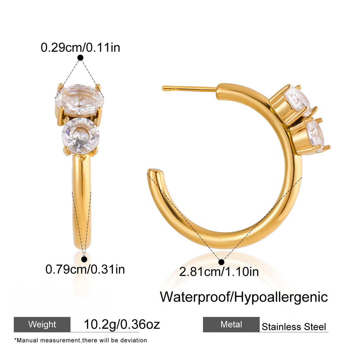 Stainless Steel White CZ C-shaped Stud Earrings