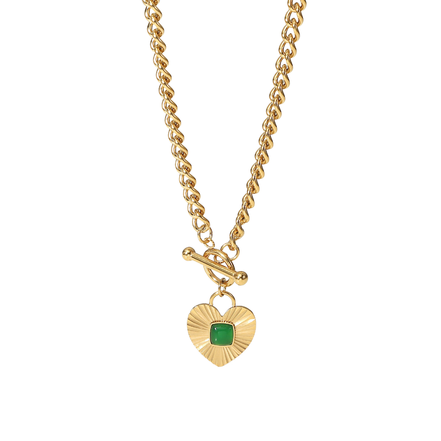 Stainless Steel Green Agate Heart-shaped Pendant OT Buckle Necklace