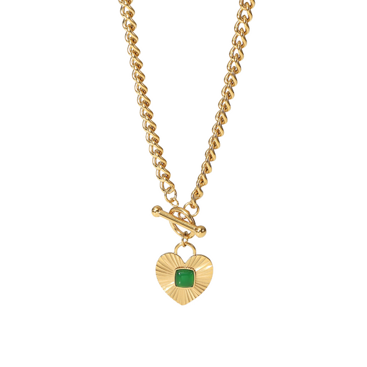 Stainless Steel Green Agate Heart-shaped Pendant OT Buckle Necklace