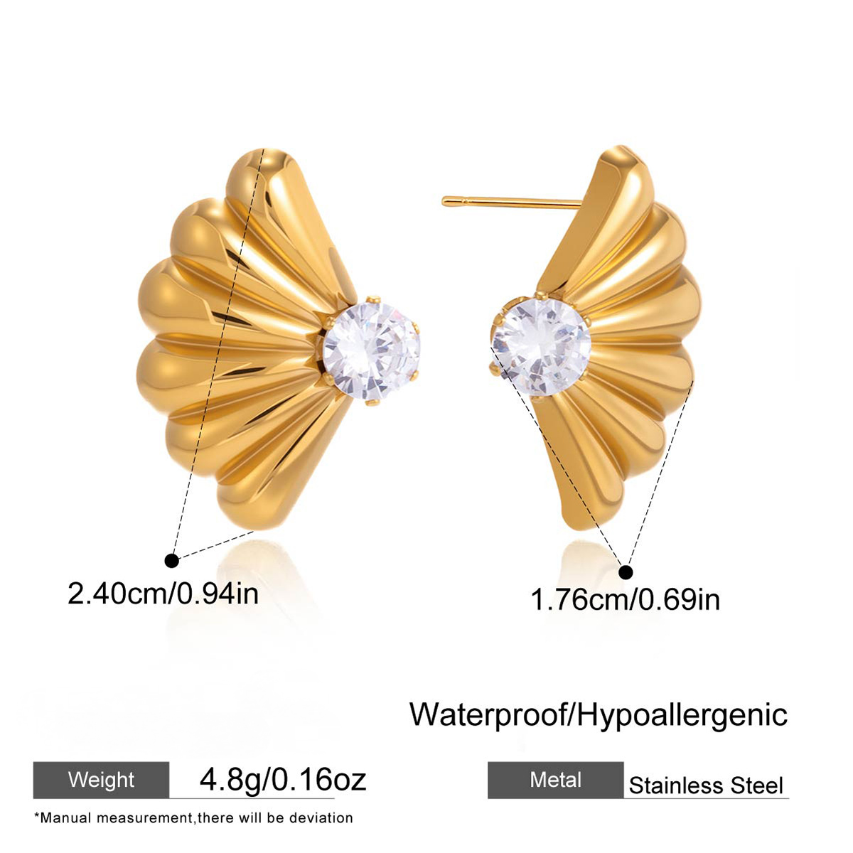 Stainless Steel CZ Ribbed Fan-shaped Shell Stud Earrings