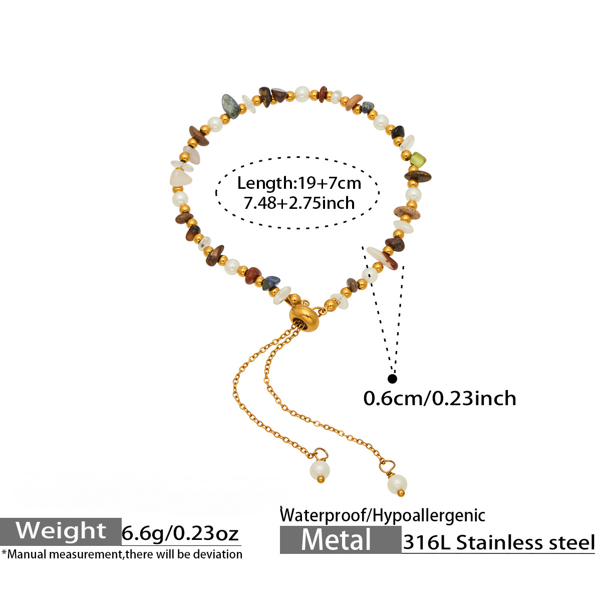 Stainless Steel Rainbow Natural Stone Necklace Bracelet Jewelry Set