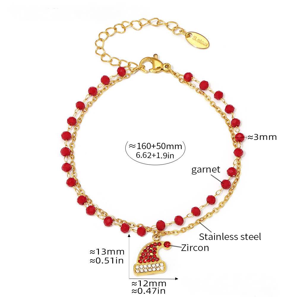 Christmas Hat Cubic Zirconia Pendant Garnet Beaded Chain Double Necklace Bracelet Jewelry Suit