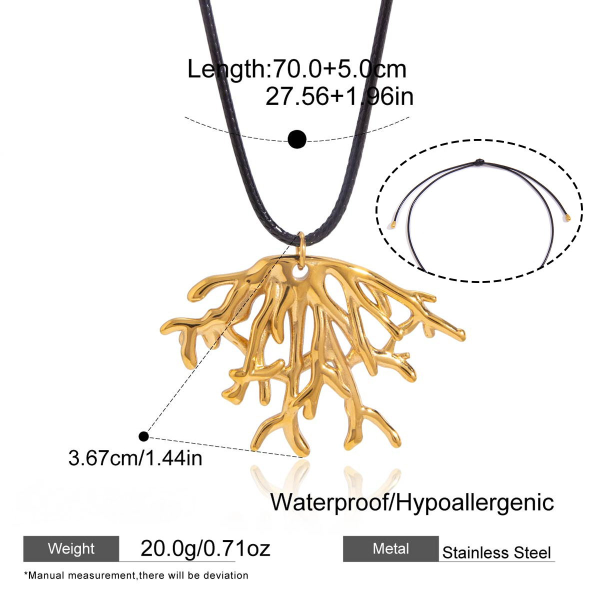 Stainless Steel Black Wax Rope Coral Pendant Necklace