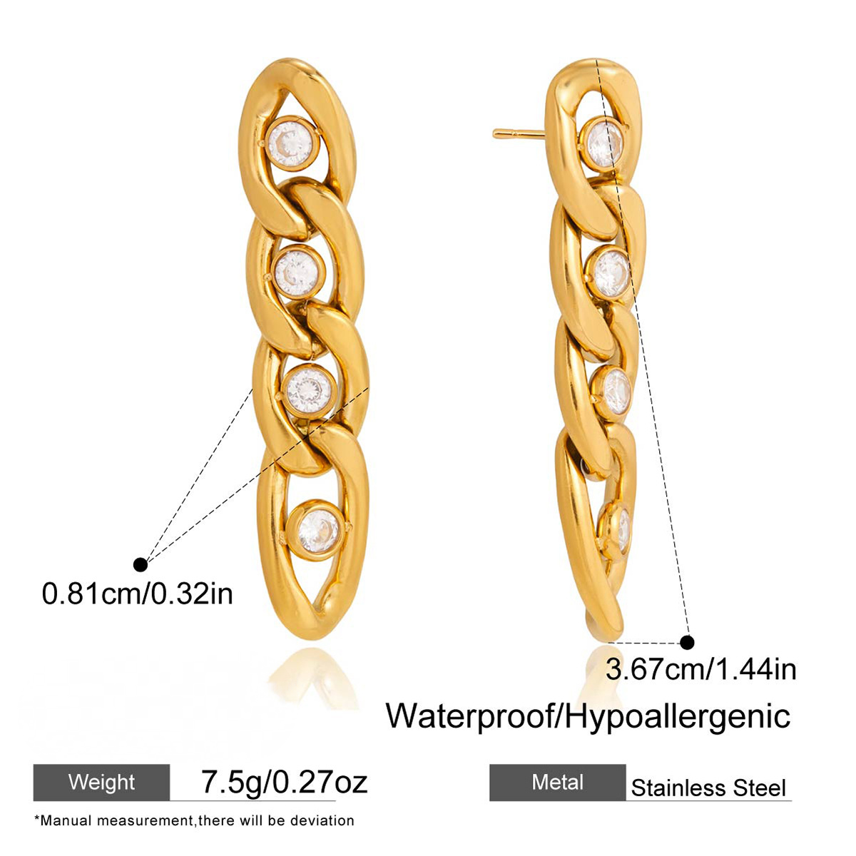 Stainless Steel Chain Tassel Cubic Zirconia Stud Earrings