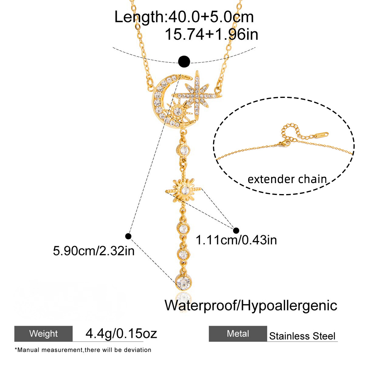 Stainless Steel Star Moon CZ Tassel Lariat Necklace