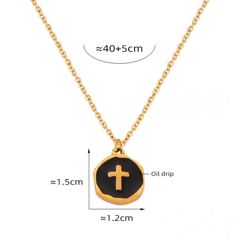 Stainless Steel Heart Round Cross Pattern Pendant Necklace