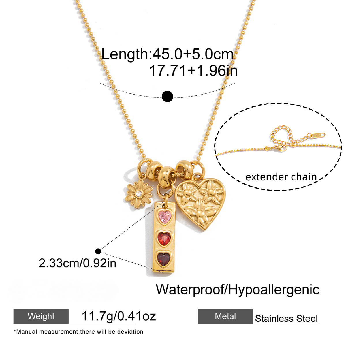 Stainless Steel Rhinestone Daisy Heart Pendant Necklace