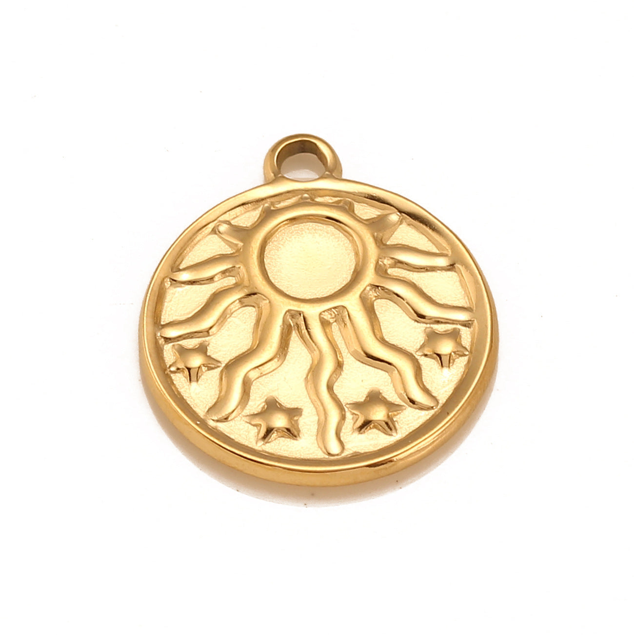 Pendentif rond concave en acier inoxydable avec étoile de soleil en relief