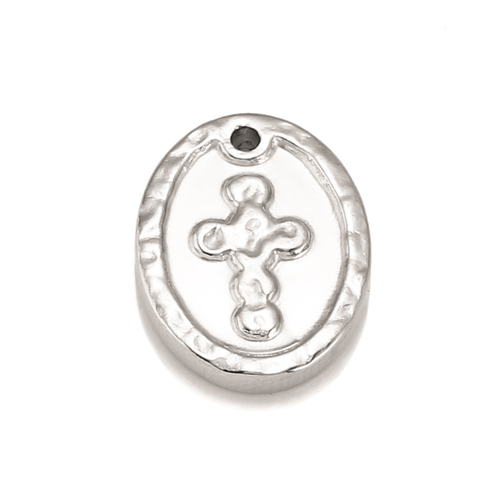 Pendentif croix en acier inoxydable avec relief 3D et étiquette ronde