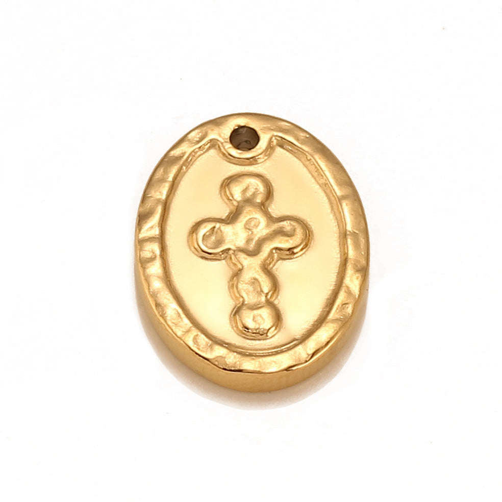 Pendentif croix en acier inoxydable avec relief 3D et étiquette ronde