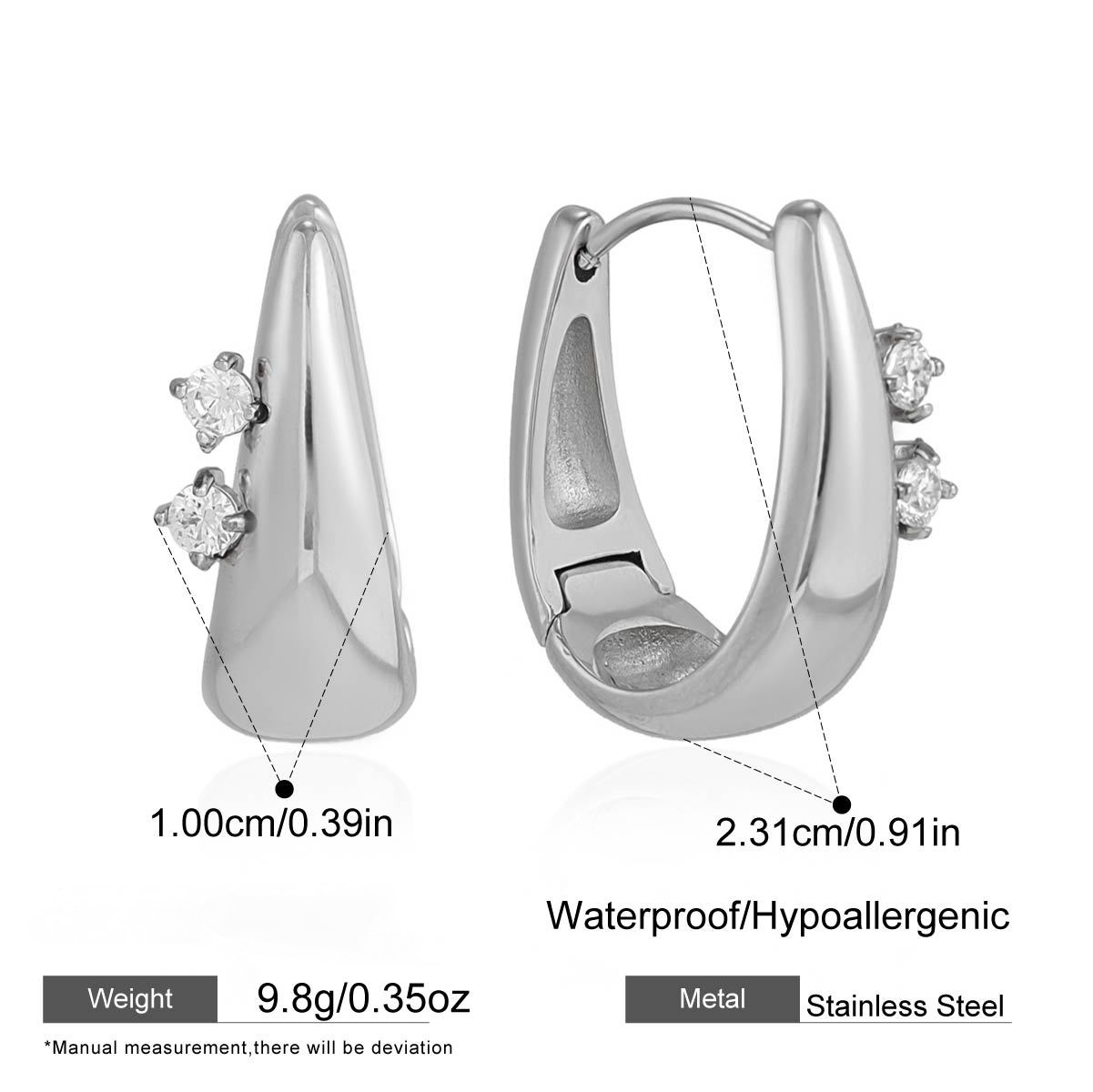 Stainless Steel White Round CZ U-shaped Hoop Earrings