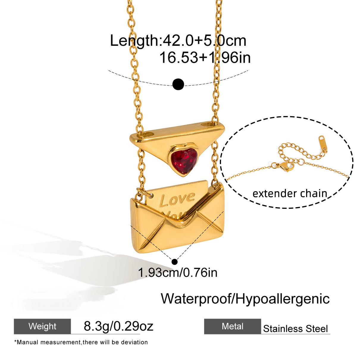 Stainless Steel Red Heart CZ Envelope Necklace