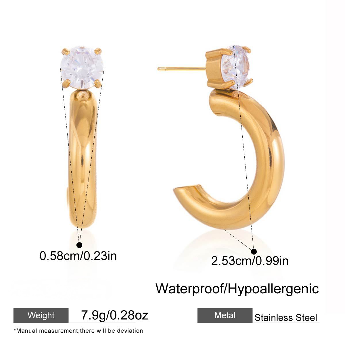 Stainless Steel Cubic Zirconia C-shaped Hoop Earrings
