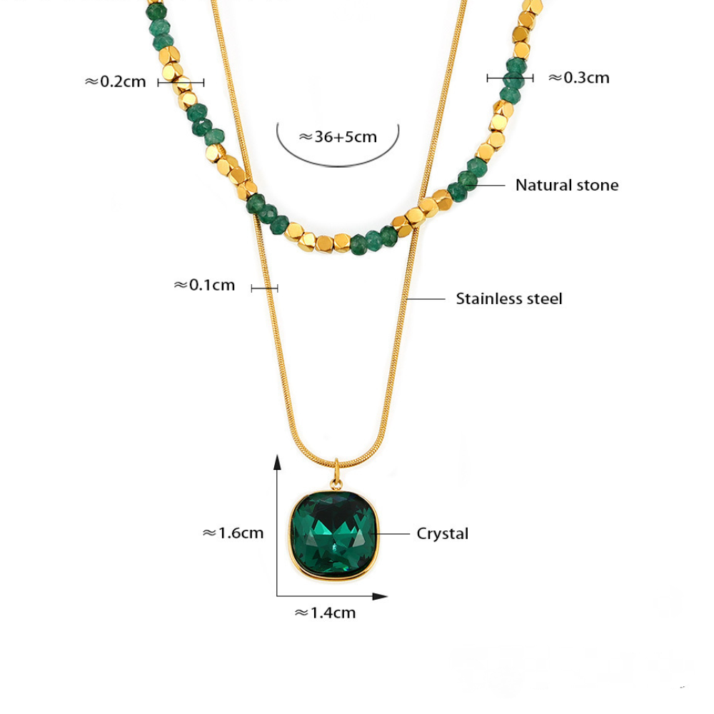Natural Stone Beaded Crystal Pendant Double Layer Necklace