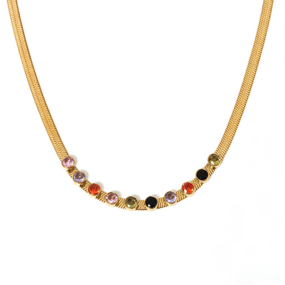 Stainless Steel Snake Chain Rainbow Cubic Zirconia Necklace
