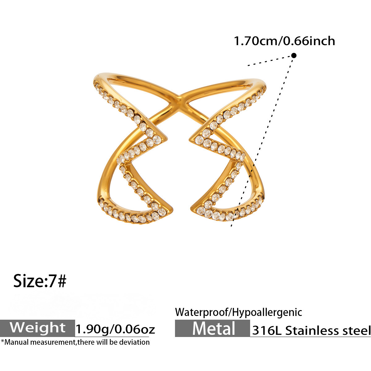 Stainless Steel Cubic Zirconia Hollow-out Striped Open Ring