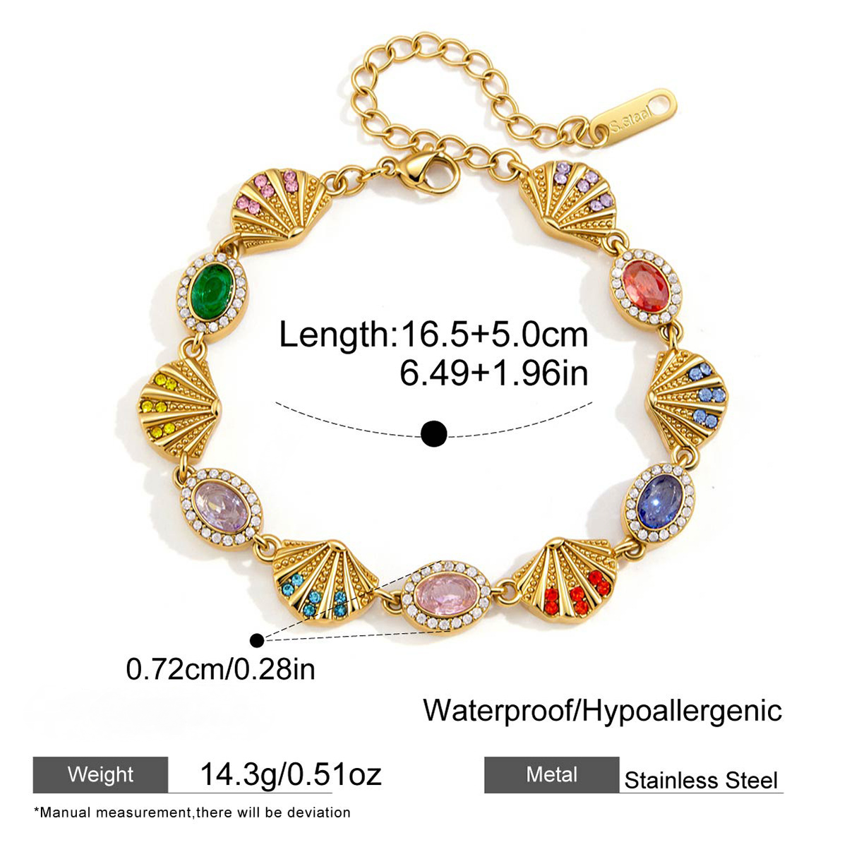 Stainless Steel Rainbow Rhinestone Shell Bracelet